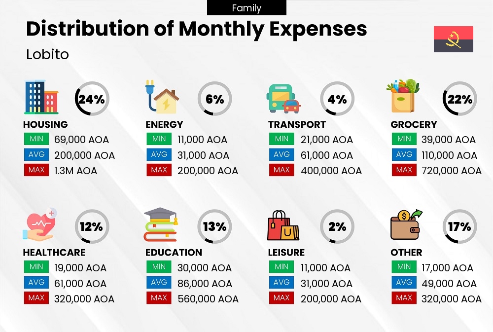 Distribution of monthly cost of living expenses of a family in Lobito