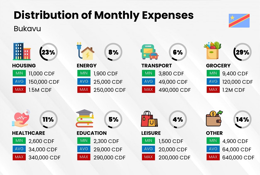 Distribution of monthly cost of living expenses in Bukavu