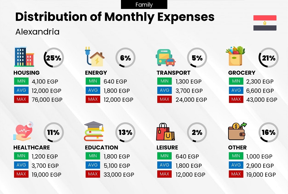 Distribution of monthly cost of living expenses of a family in Alexandria