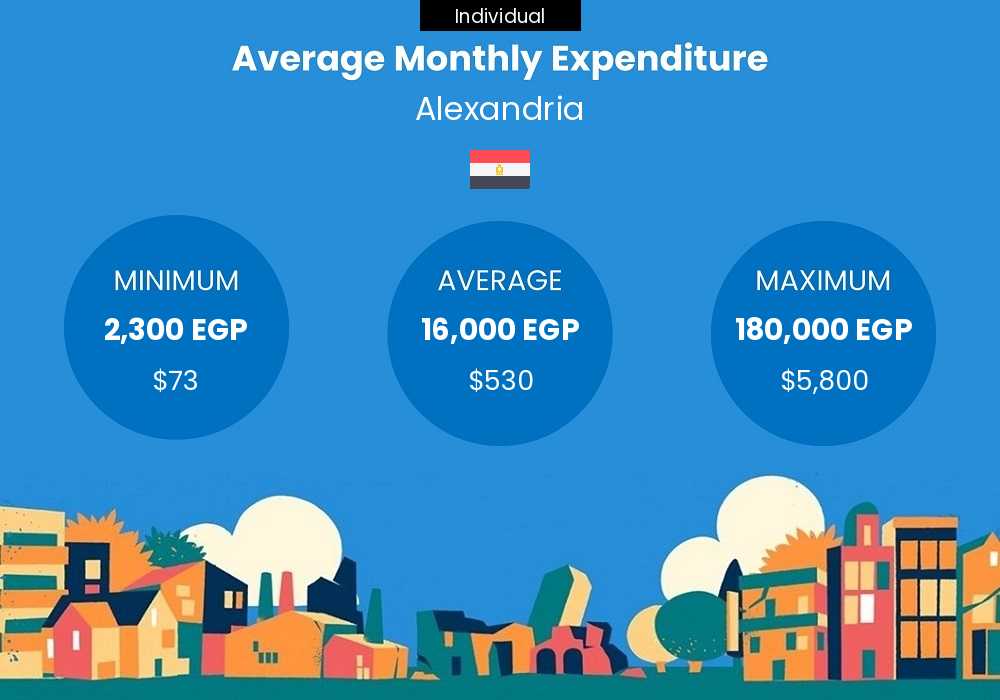 Chart showing figures on the cost of living for a single person and how much money an individual spends every month in Alexandria Single person cost of living chart - individual average monthly expenditure in Alexandria