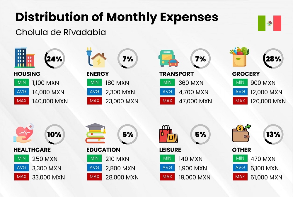 Distribution of monthly cost of living expenses in Cholula de Rivadabia