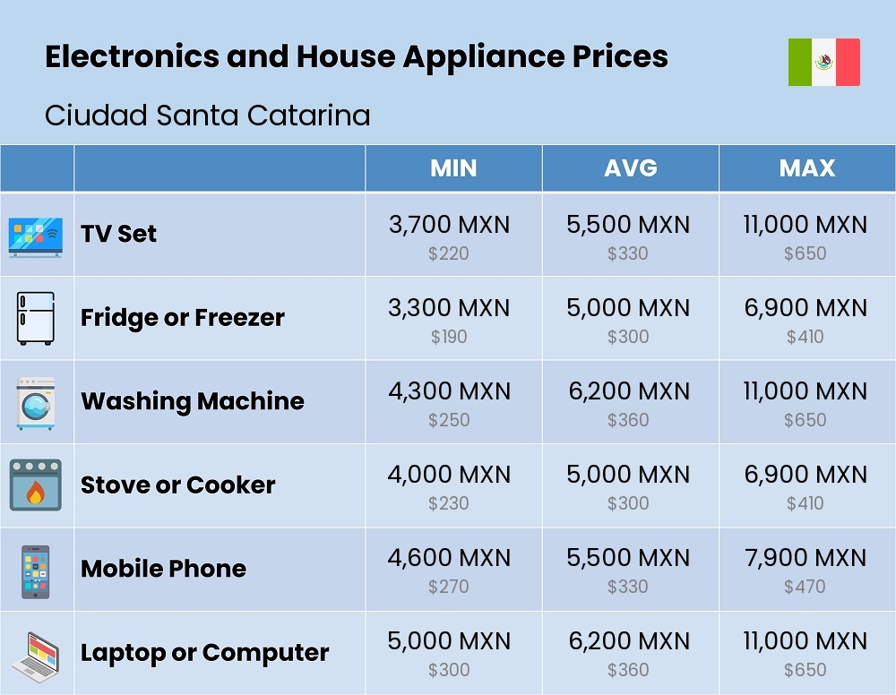 Chart showing the prices and cost of electronic devices and appliances in Ciudad Santa Catarina